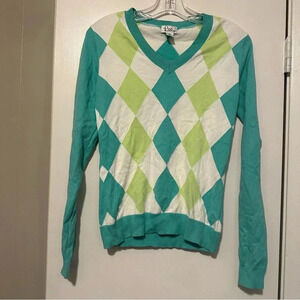 Lilly Pulitzer vneck argyle sweater turquoise and lime green size XS